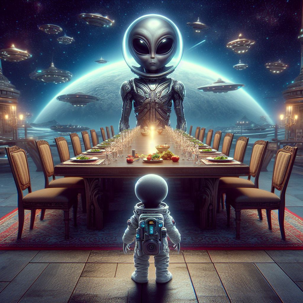 Small alien looking at big table